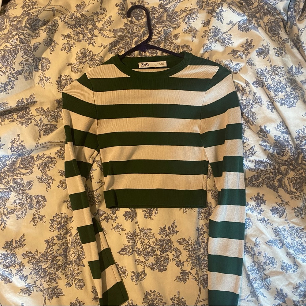 Zara Green & White Striped Crop Top